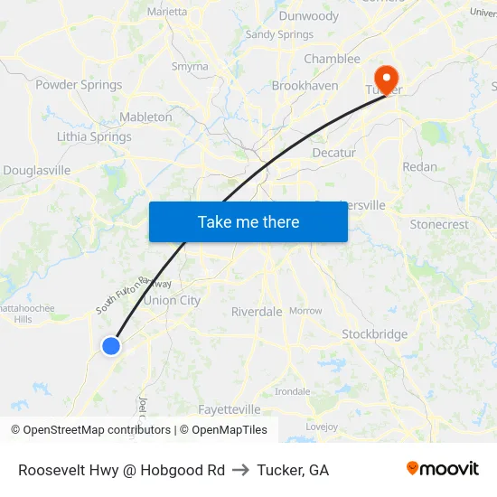 Roosevelt Hwy @ Hobgood Rd to Tucker, GA map