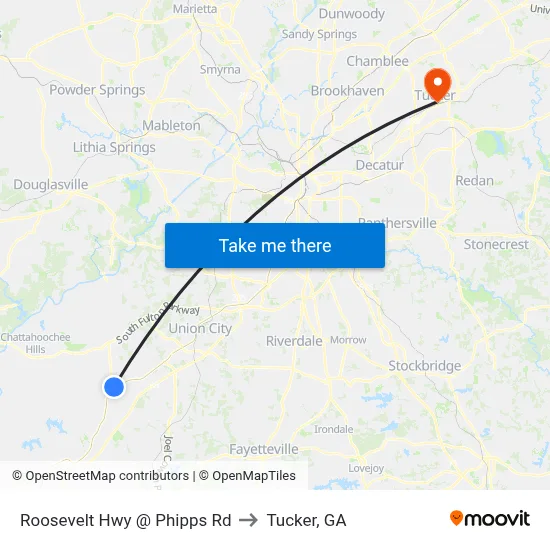 Roosevelt Hwy @ Phipps Rd to Tucker, GA map