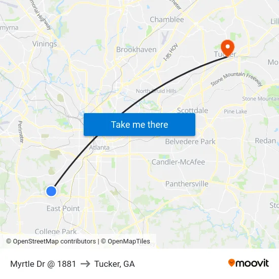 Myrtle Dr @ 1881 to Tucker, GA map