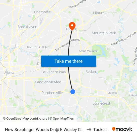 New Snapfinger Woods Dr @ E Wesley Chapel Way to Tucker, GA map