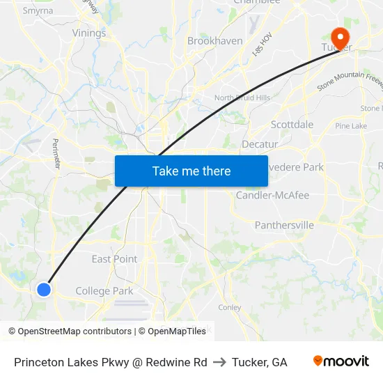 Princeton Lakes Pkwy @ Redwine Rd to Tucker, GA map