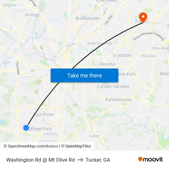 Washington Rd @ Mt Olive Rd to Tucker, GA map