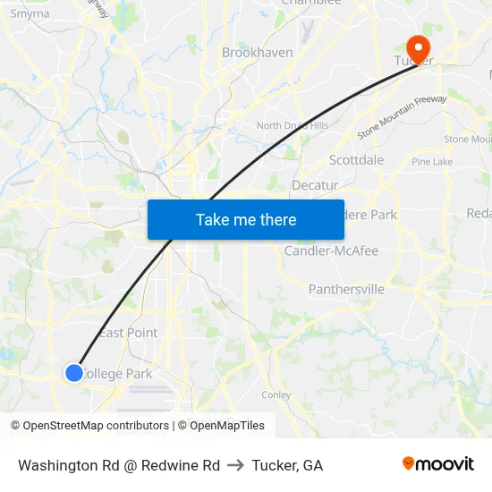 Washington Rd @ Redwine Rd to Tucker, GA map