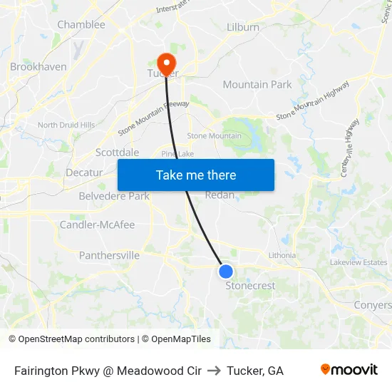 Fairington Pkwy @ Meadowood Cir to Tucker, GA map