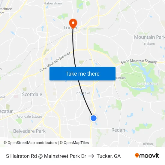 S Hairston Rd @ Mainstreet Park Dr to Tucker, GA map