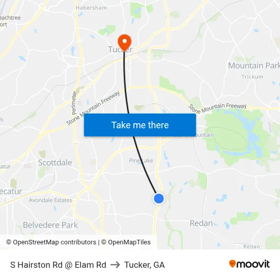 S Hairston Rd @ Elam Rd to Tucker, GA map