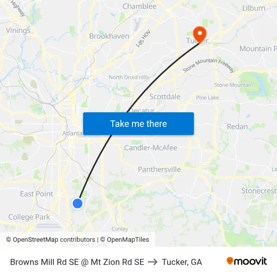 Browns Mill Rd SE @ Mt Zion Rd SE to Tucker, GA map