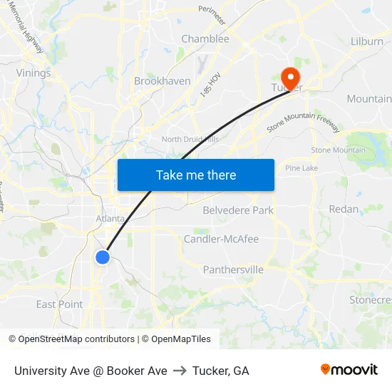 University Ave @ Booker Ave to Tucker, GA map