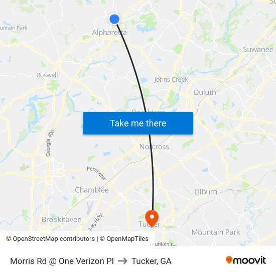 Morris Rd @ One Verizon Pl to Tucker, GA map