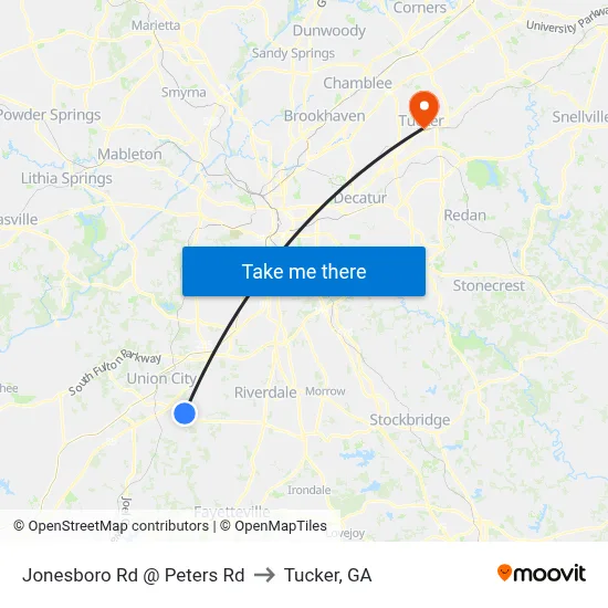 Jonesboro Rd @ Peters Rd to Tucker, GA map
