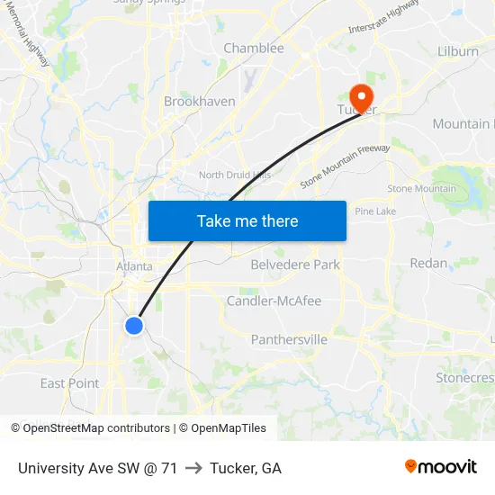 University Ave SW @ 71 to Tucker, GA map