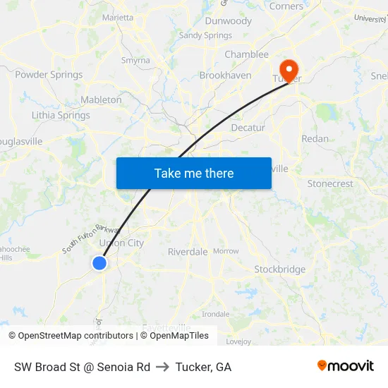 SW Broad St @ Senoia Rd to Tucker, GA map