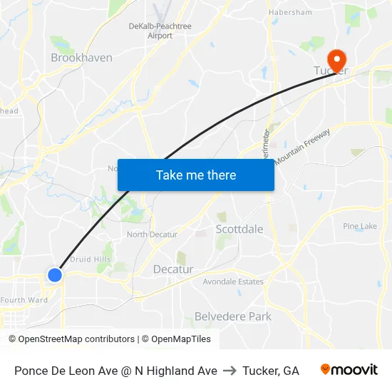 Ponce De Leon Ave @ N Highland Ave to Tucker, GA map