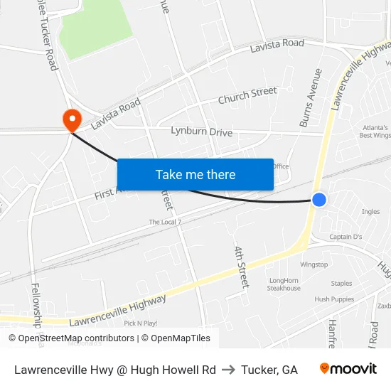 Lawrenceville Hwy @ Hugh Howell Rd to Tucker, GA map