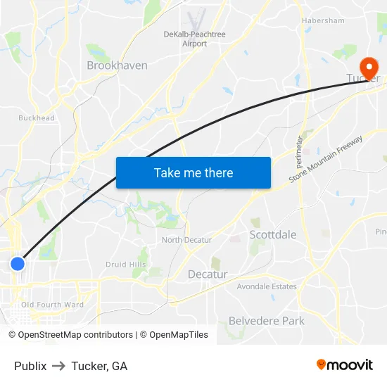 Publix to Tucker, GA map