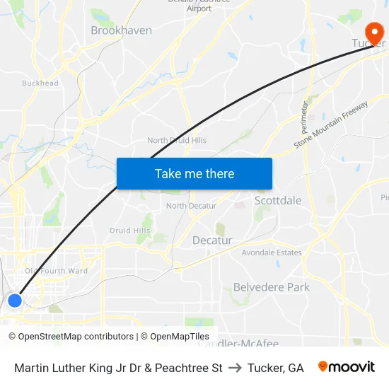 Martin Luther King Jr Dr & Peachtree St to Tucker, GA map