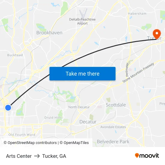 Arts Center to Tucker, GA map