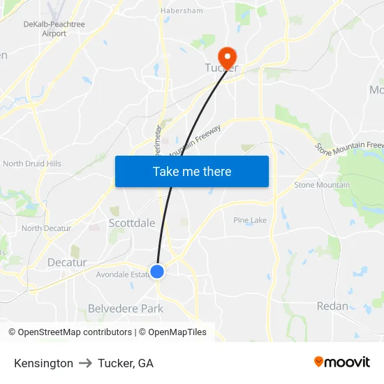 Kensington to Tucker, GA map