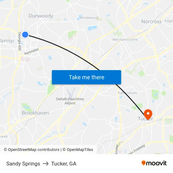 Sandy Springs to Tucker, GA map