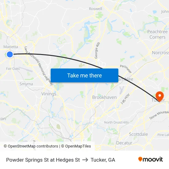 Powder Springs St at Hedges St to Tucker, GA map