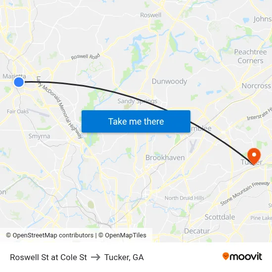 Roswell St at Cole St to Tucker, GA map