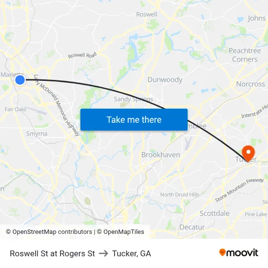 Roswell St at Rogers St to Tucker, GA map