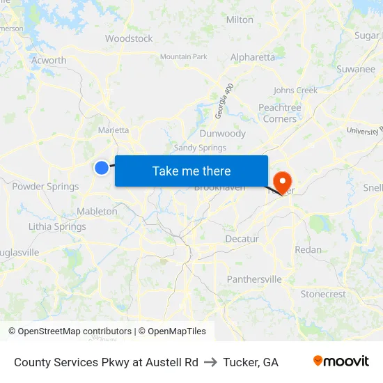 County Services Pkwy at Austell Rd to Tucker, GA map