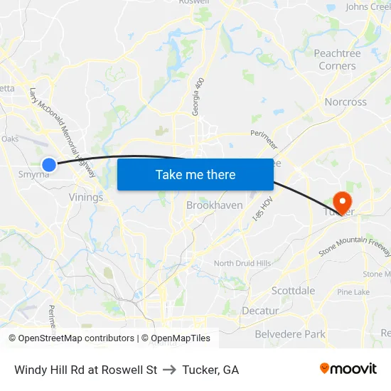 Windy Hill Rd at Roswell St to Tucker, GA map