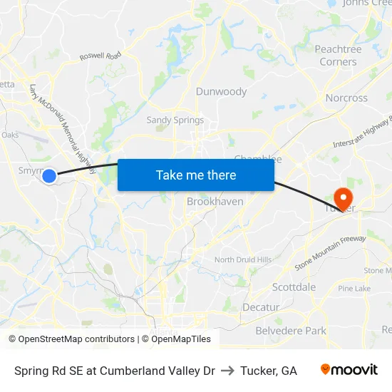 Spring Rd SE at Cumberland Valley Dr to Tucker, GA map