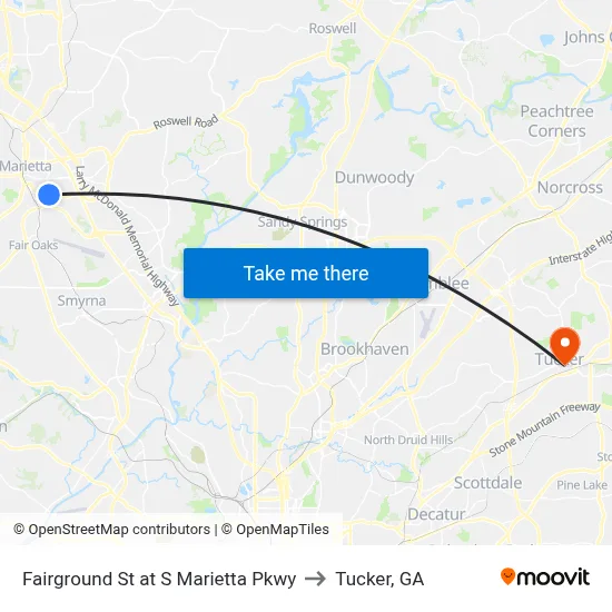Fairground St at S Marietta Pkwy to Tucker, GA map