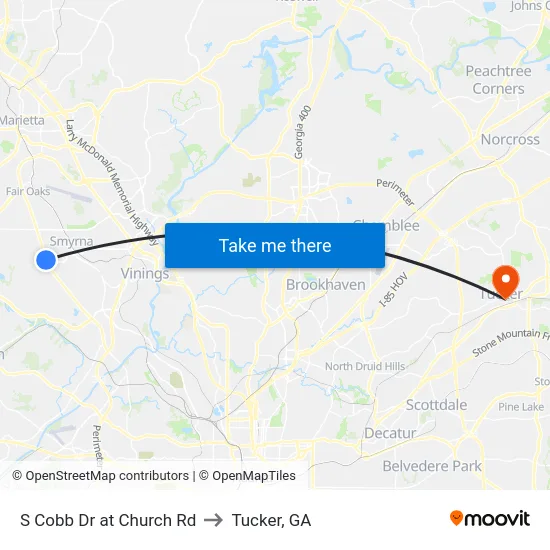 S Cobb Dr at Church Rd to Tucker, GA map