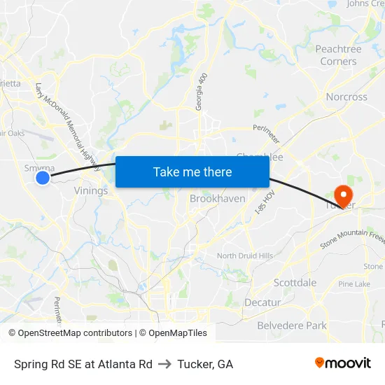 Spring Rd SE at Atlanta Rd to Tucker, GA map