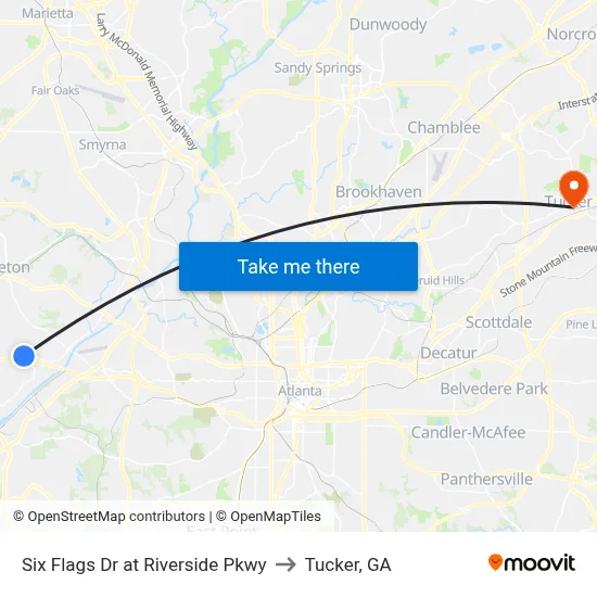 Six Flags Dr at Riverside Pkwy to Tucker, GA map