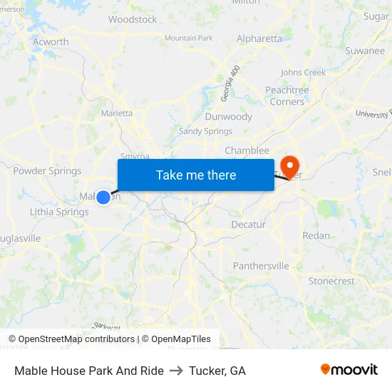 Mable House Park And Ride to Tucker, GA map