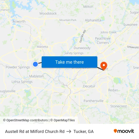 Austell Rd at Milford Church Rd to Tucker, GA map