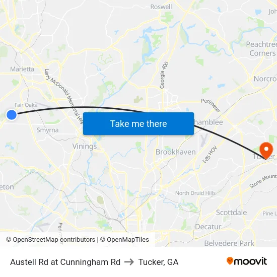 Austell Rd at Cunningham Rd to Tucker, GA map