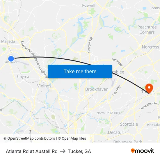 Atlanta Rd at Austell Rd to Tucker, GA map