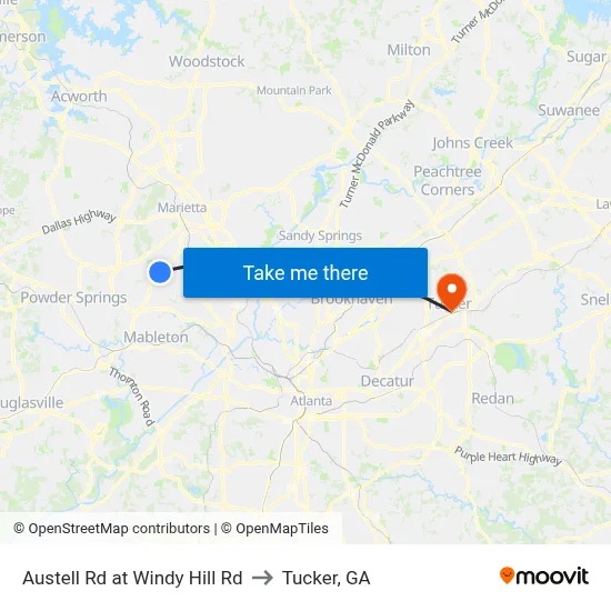 Austell Rd at Windy Hill Rd to Tucker, GA map