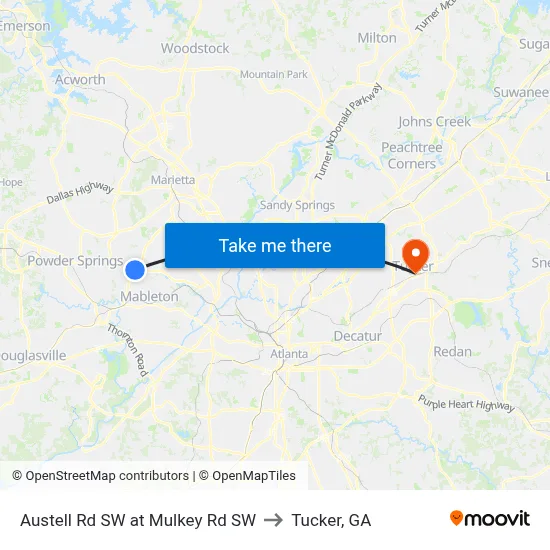 Austell Rd SW at Mulkey Rd SW to Tucker, GA map