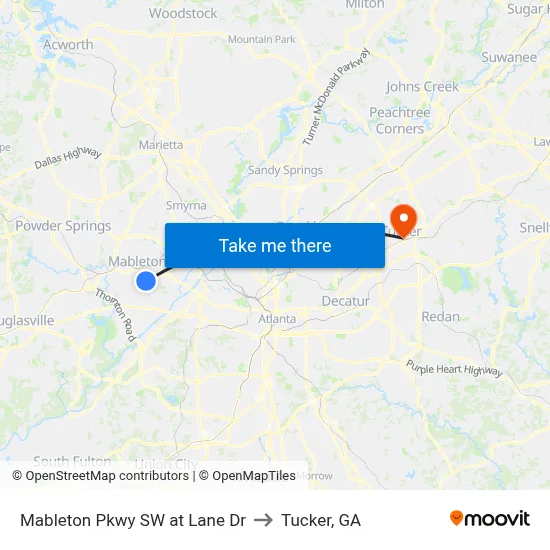 Mableton Pkwy SW at Lane Dr to Tucker, GA map