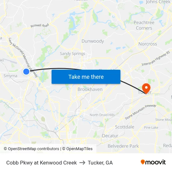 Cobb Pkwy at Kenwood Creek to Tucker, GA map