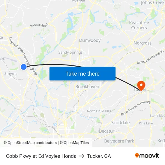 Cobb Pkwy at Ed Voyles Honda to Tucker, GA map