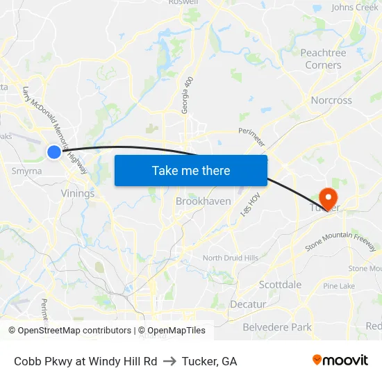 Cobb Pkwy at Windy Hill Rd to Tucker, GA map