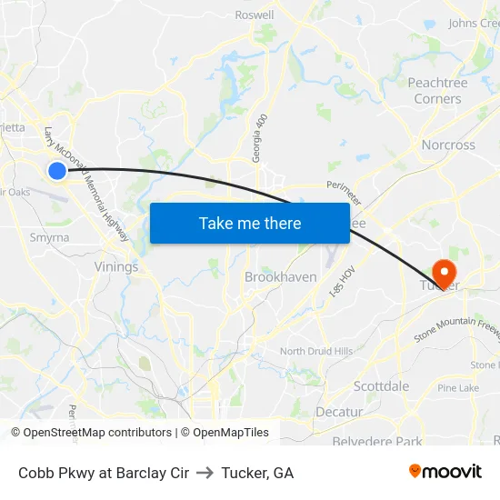 Cobb Pkwy at Barclay Cir to Tucker, GA map