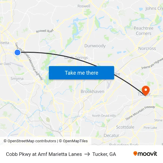 Cobb Pkwy at Amf Marietta Lanes to Tucker, GA map