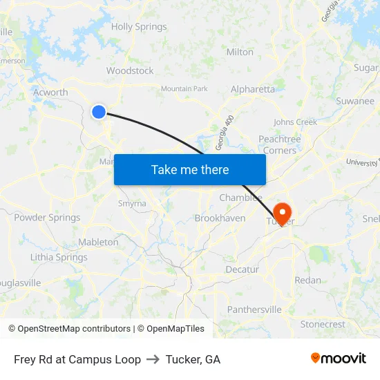 Frey Rd at Campus Loop to Tucker, GA map