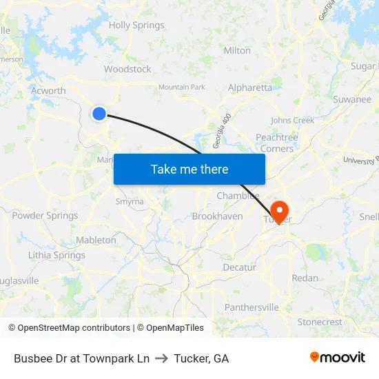 Busbee Dr at Townpark Ln to Tucker, GA map