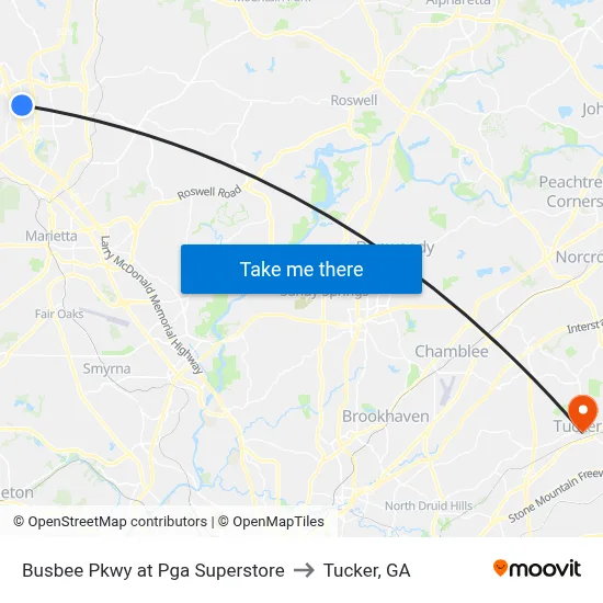 Busbee Pkwy at Pga Superstore to Tucker, GA map