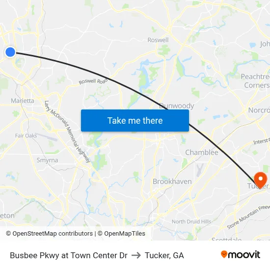 Busbee Pkwy at Town Center Dr to Tucker, GA map