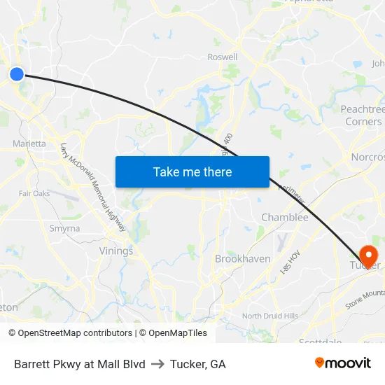 Barrett Pkwy at Mall Blvd to Tucker, GA map